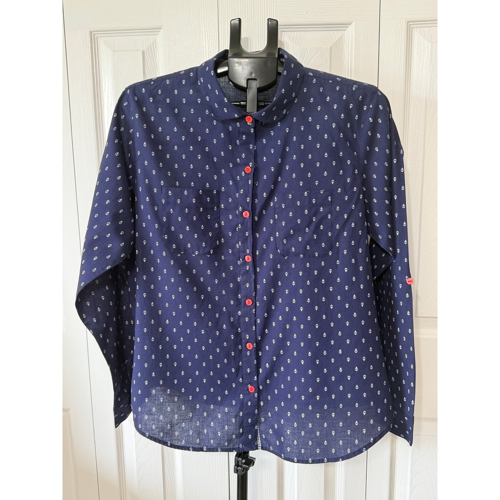 Eden & Olivia Womens Navy Blue Anchor Print Cotton Button Down Shirt RN 89970